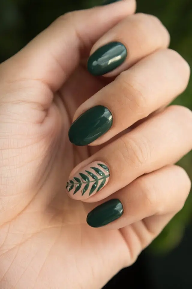 Lush green nails with a leafy accent design — earthy and elegant.